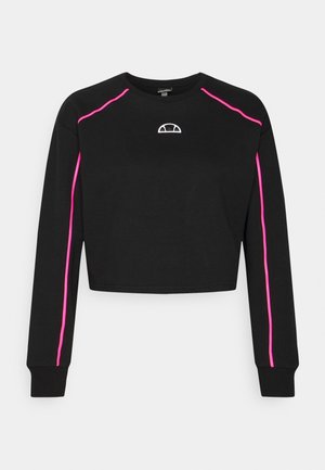 Schwarzes, langärmliges, kurz geschnittenes Sweatshirt mit pinkfarbenen Paspeln entlang der Ärmel und Schultern, mit kleinem weißen Halbkreis-Logo in der Mitte der Brust.