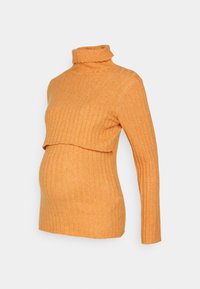 Oranžový žebrovaný svetr s vysokým límcem a zkráceným střihem, přiléhavé dlouhé rukávy a pružný spodní lem, který se přizpůsobuje rostoucímu břichu.