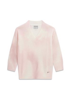 Pull doux rose tricoté avec col en V et manches longues, comportant un motif subtil et un petit logo Guess brodé près de l'ourlet.