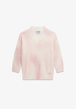 Weicher rosa gestrickter Pullover mit V-Ausschnitt und langen Ärmeln, mit subtilem Muster und kleinem gesticktem Guess-Logo nahe dem Saum.