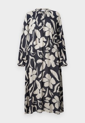 Maxi dress with a navy background featuring large white floral patterns. Long sleeves and a gathered neckline with button detail. Smooth fabric texture.