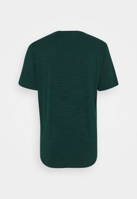 Short-sleeve dark green t-shirt with subtle heather texture, shown from the back on a plain white background.
