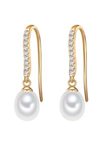 Náušnice vo zlatom tóne s prehnutým h�áčikovým dizajnom, ozdobené malými priehľadnými kamienkami a jednou bielou perlou na spodnej časti.
