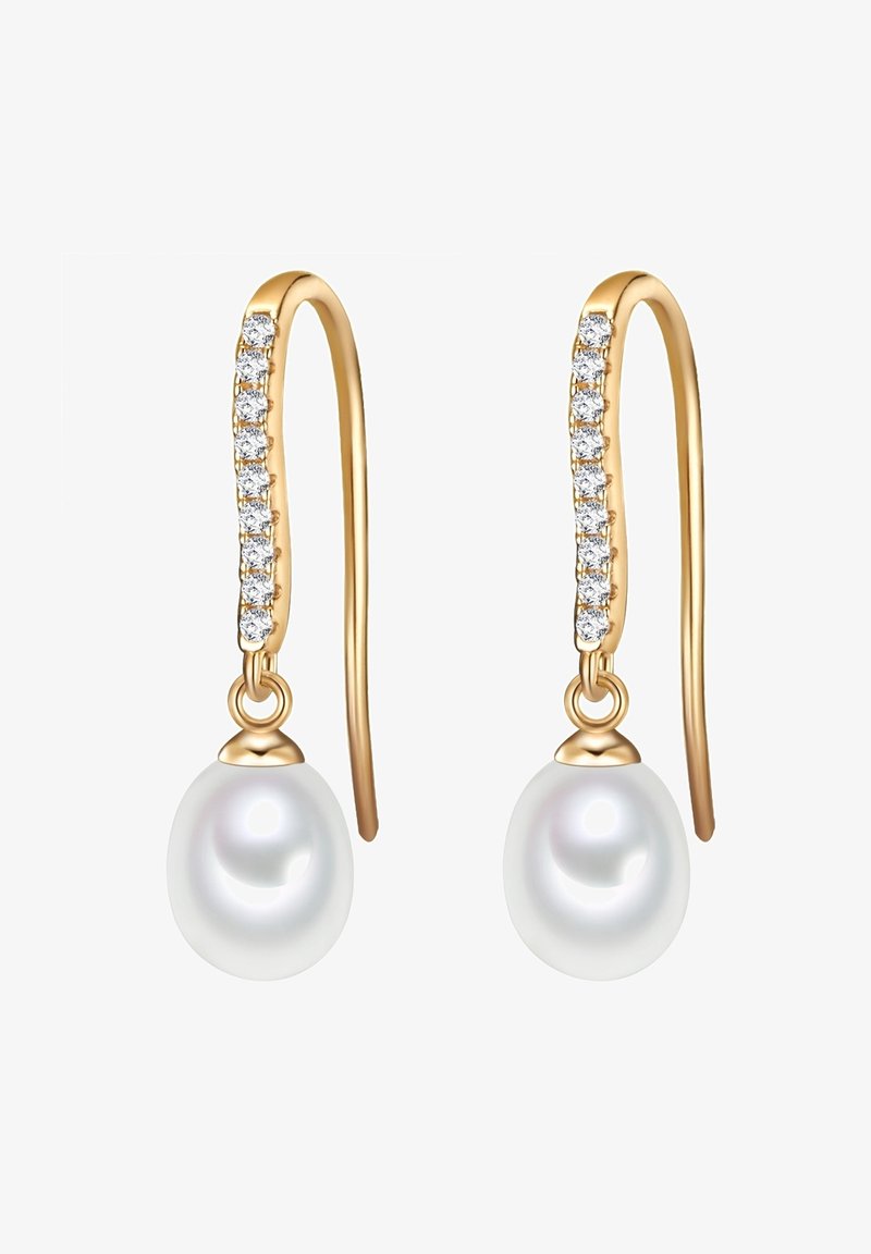 Zlato obarvani uhani s curved kavljem, okrašeni z majhnimi prozornimi kamni in enim belim biserom na dnu.