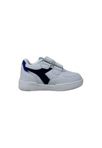 Weiße Kindersneaker mit navyfarbenen Akzenten, zwei Klettverschlüssen, glattem Synthetikmaterial, Gummisohle und rundem Zehendesign.