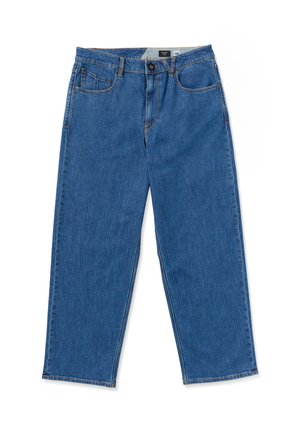 Blue denim jeans featuring a loose fit, mid-rise waist, five pockets, and contrast stitching. The fabric has a soft, textured finish.