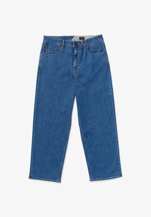 Blå denim jeans med en løs pasform, mellem høj talje, fem lommer og kontrast stikninger. Stoffet har en blød, tekstureret finish.