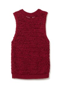 Top tricot rosso senza maniche con un design a tessitura aperta e testurizzata, scollatura rotonda e orlo a costine.