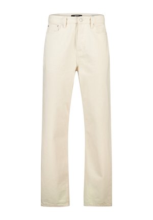 Beige straight-leg jeans with button and zipper closure, front and back pockets, and belt loops.