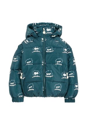 Teal pufferjack met een capuchon, voorzien van een patroon van witte monstergezichten. Het materiaal is glanzend en gestikt met elastische mouwen.