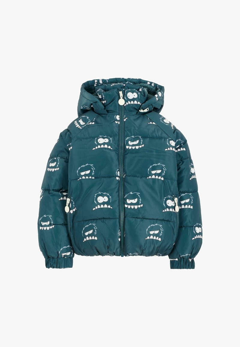 Turkusowa kurtka puchowa z kapturem, zdobiona wzorem białych potworzych twarzy. Materiał jest błyszczący i pikowany, z elastycznymi mankietami.