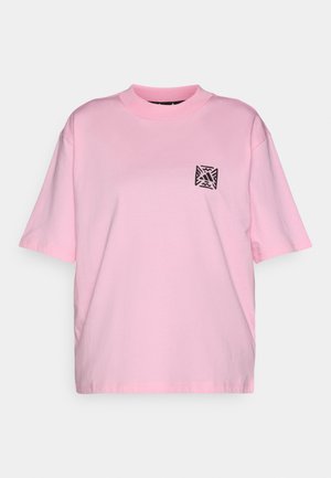 Pink short-sleeve t-shirt made of cotton with a round neckline and a small black graphic logo on the left chest.