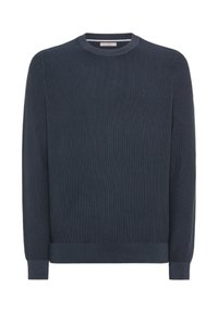 Pullover navy in maglia con collo rotondo, polsini e orlo a costine. Presenta un logo discreto sul petto. Realizzato in materiale testurizzato.