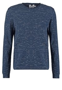 Pull bleu marine en tricot avec manches longues, motif de tricot texturé, col rond côtelé et poches latérales. L'étiquette indique "TOPMAN."