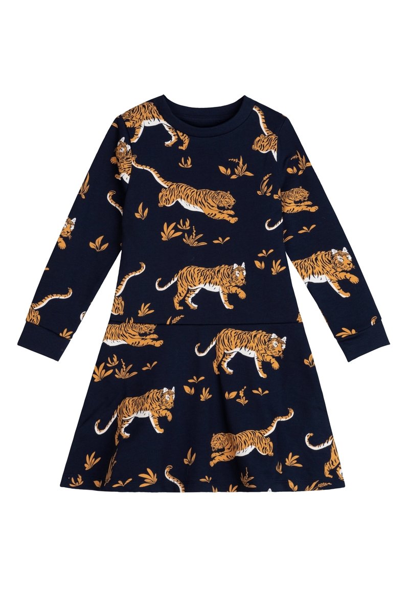 Abito a maniche lunghe di colore navy con motivo a tigre arancione e bianco, arricchito da accenti floreali. Realizzato in tessuto morbido, con gonna a sirena.