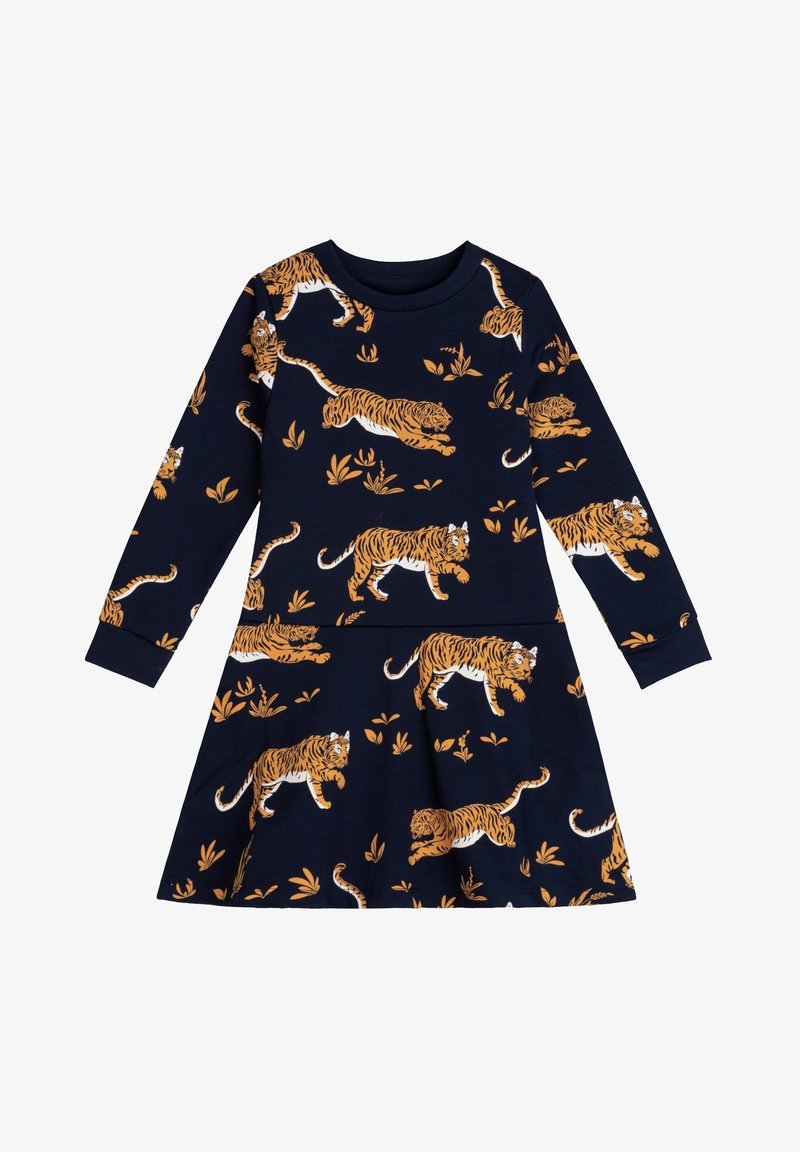 Long-sleeve navy dress featuring an orange and white tiger pattern, with floral accents. Made of soft fabric, flared skirt design.