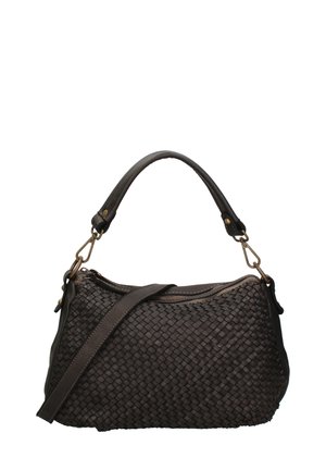 Borsa a mano in pelle intrecciata marrone con corpo curvato, manico corto e tracolla regolabile. Caratterizzata da hardware dorato e chiusura con zip.