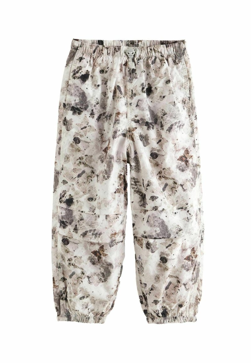 Leichte, elastische Hosen mit einem sanften beigen Hintergrund und dunklen, abstrakten Mustern. Verfügt über geraffte Bündchen und Seitentaschen.