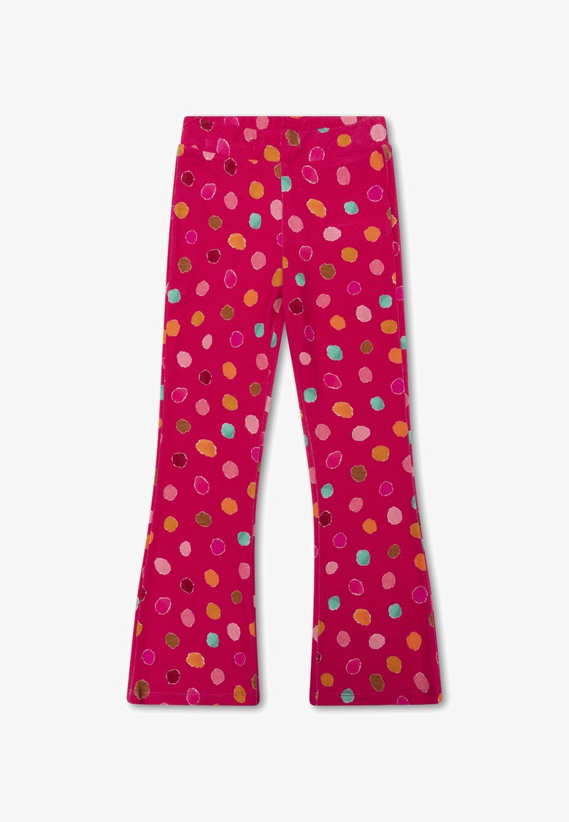Fuchsia flared leggings met een stippenpatroon in verschillende kleuren, waaronder teal, oranje, roze en bruin. Zacht, rekbaar stof.