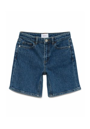 Blå denimshorts med forreste knap, bæltestropper og design med fem lommer, lagt fladt på hvid baggrund.