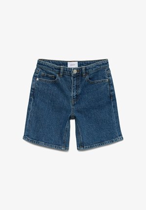 Short en denim bleu avec bouton devant, passants de ceinture et design cinq poches, posé à plat sur fond blanc.