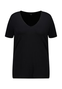 T-shirt noir à manches courtes en tissu doux, avec un décolleté en V et une coupe décontractée. Texture lisse sans motifs ni accents visibles.