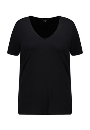 T-shirt noir à manches courtes en tissu doux, avec un décolleté en V et une coupe décontractée. Texture lisse sans motifs ni accents visibles.