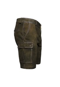 Braune Leder Cargo-Shorts mit mehreren Taschen, stabilen Nähten, einer glatten Textur und einem geraden Beindesign. Langlebig und funktional.