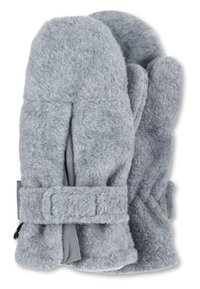 Graue Fäustlinge mit weicher Textur, ausgestattet mit einem gesicherten Handgelenkband und einem abgerundeten Design, ideal zum Schutz vor Kälte.