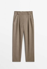 Pantalon beige cintré avec plis, doté d'une taille haute, d'une coupe droite et d'une texture subtile. Comprend deux poches latérales.