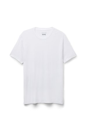 White round-neck t-shirt made of soft silk. Short sleeves, relaxed fit, smooth texture, no patterns or embellishments, clean finish.