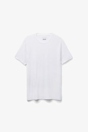 White round-neck t-shirt made of soft silk. Short sleeves, relaxed fit, smooth texture, no patterns or embellishments, clean finish.