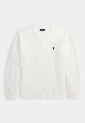 White long-sleeve crewneck shirt with small black Polo Ralph Lauren logo on the left chest and ribbed cuffs.