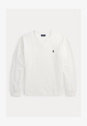Camiseta blanca de manga larga con cuello redondo, pequeño logo negro de Polo Ralph Lauren en el pecho izquierdo y puños acanalados.
