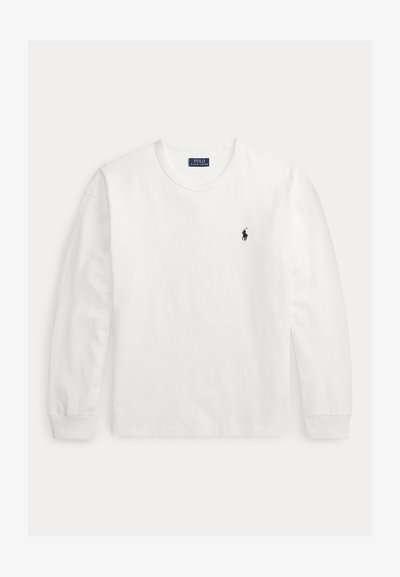 Fehér hosszú ujjú, kerek nyakú póló kis fekete Polo Ralph Lauren logóval a bal mellkason és bordázott mandzsettával.