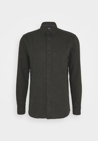 Donkergroen overhemd met lange mouwen en knopen, gemaakt van een getextureerde stof. Heeft een puntige kraag en een voorste knoopsluiting met bijpassende knopen.