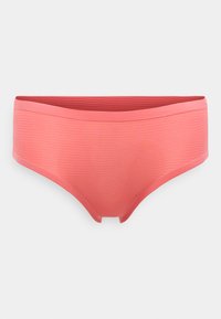 Παντελόνι μπικίνι σε κοραλί χρώμα με λεία υφή, διακοσμημένο με διακριτικές οριζόντιες ρίγες και σχέδιο με χαμηλή μέση.