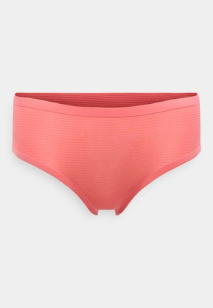 Παντελόνι μπικίνι σε κοραλί χρώμα με λεία υφή, διακοσμημένο με διακριτικές οριζόντιες ρίγες και σχέδιο με χαμηλή μέση.