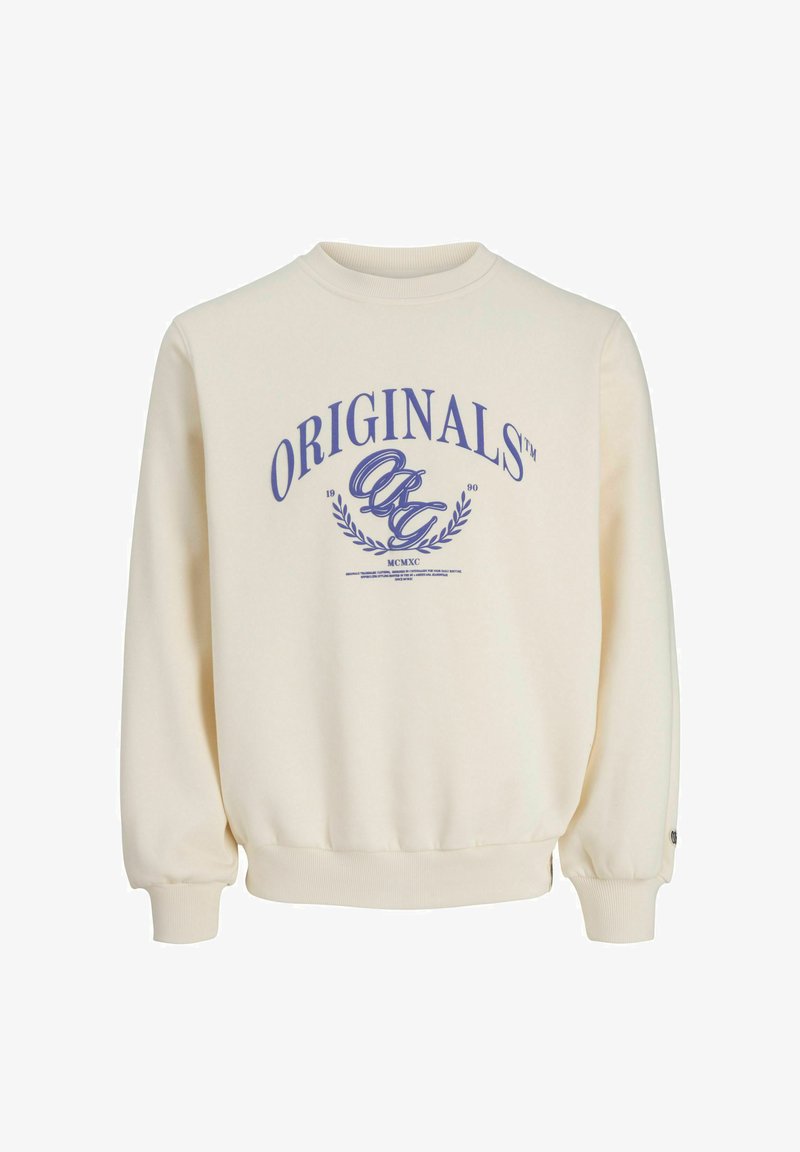 Sweat-shirt couleur crème avec texte bleu "ORIGINALS" et initiales décoratives "OG" au centre, avec branches de laurier et bords-côtes aux poignets et à l'ourlet.