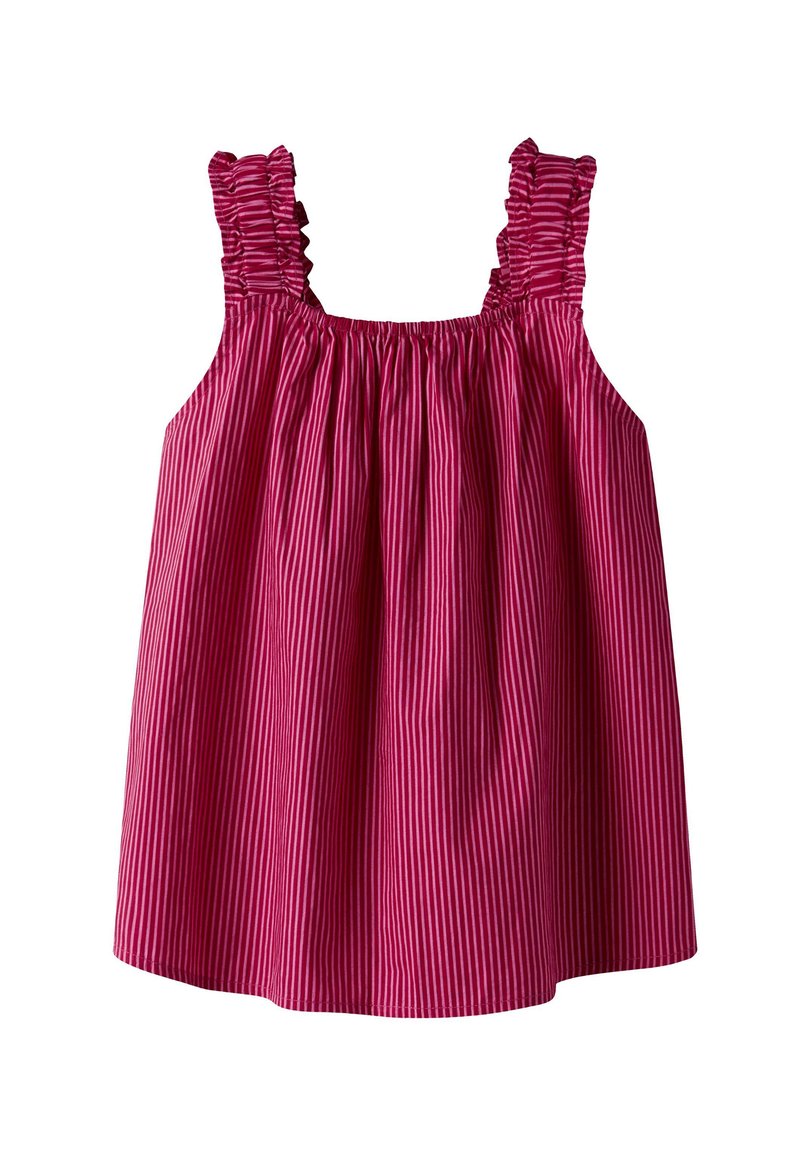 Růžový pruhovaný bezramínkový top s volánkovými ramínky, řaseným výstřihem a lehkým materiálem, s vertikálními bílými pruhy po celém povrchu.