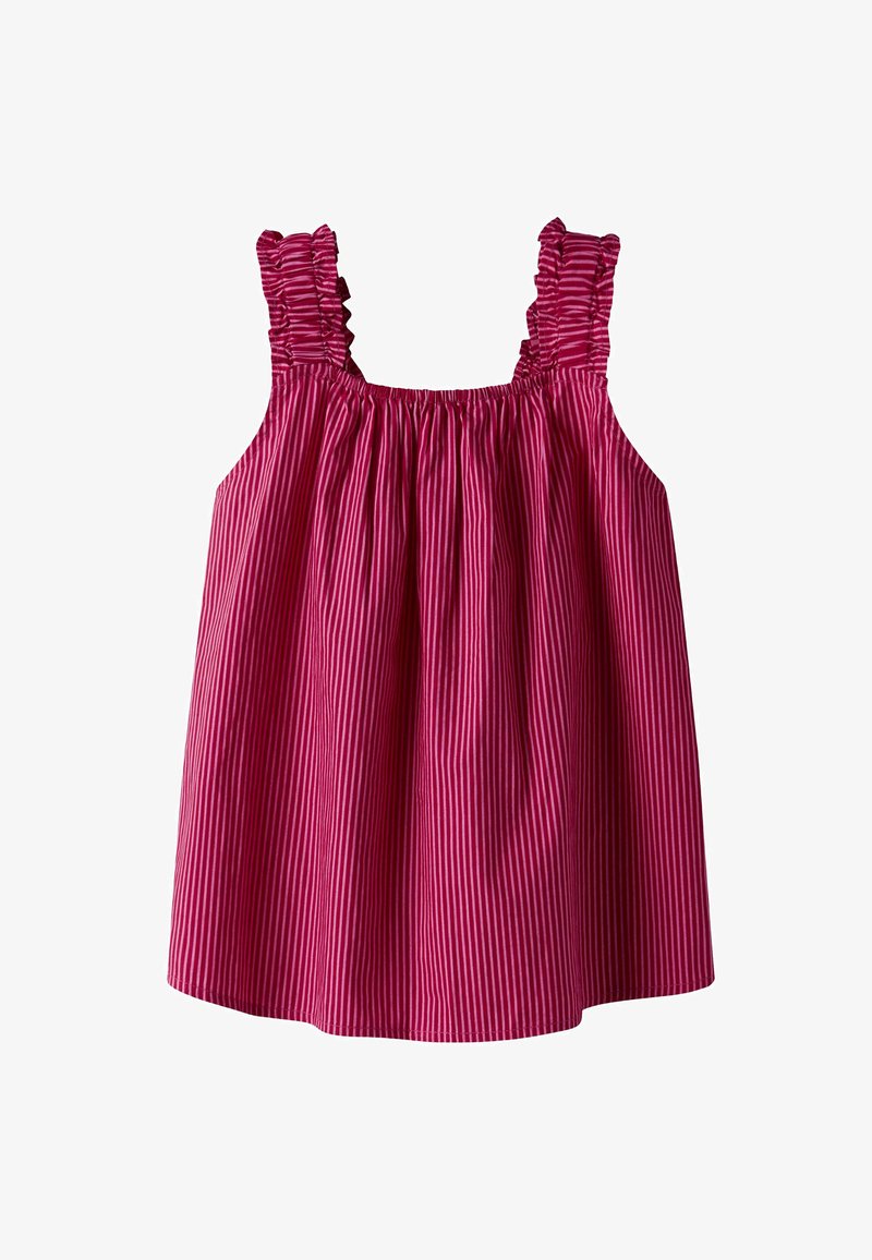 Růžový pruhovaný bezramínkový top s volánkovými ramínky, řaseným výstřihem a lehkým materiálem, s vertikálními bílými pruhy po celém povrchu.