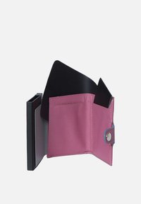Folded wallet in pink leather with blue accents; features multiple compartments and a snap closure. Smooth texture, rectangular shape.