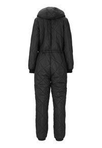 Zwarte gewatteerde jumpsuit met een capuchon, een taille met elastiek en elastische manchetten. Gemaakt van een lichtgewicht, glanzende stof met een gladde textuur.