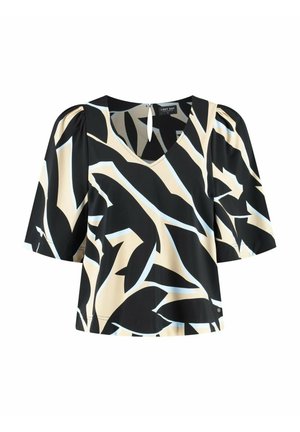 Zwarte, beige en lichtblauwe blouse met een abstract patroon, met korte pofmouwen en een keyhole-detail bij de halslijn.