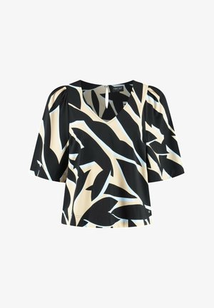 Zwarte, beige en lichtblauwe blouse met een abstract patroon, met korte pofmouwen en een keyhole-detail bij de halslijn.