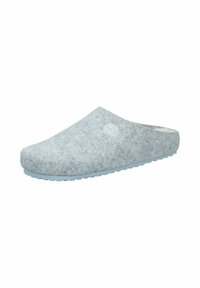 Gray felt slipper with a low-profile design, a smooth interior lining, and a light blue rubber sole. Features a circular logo detail.