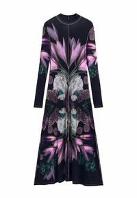 Pikkade varrukatega kleit, millel on lillamustrites lillemustrid valges, rohelises ja mustal taustal. Sile kangas vooluva kujuga.
