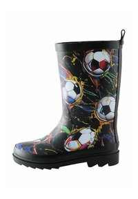 Black rubber rain boot featuring a glossy finish, colorful soccer ball graphics, and a textured sole for traction. Pull tab on top.