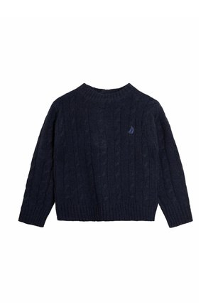 Maglione navy blue a treccia con maniche lunghe, polsini, orlo e colletto a costine, caratterizzato da un piccolo emblema di una vela sul petto.