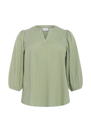 Hellgrüne Bluse mit V-Ausschnitt, kurzen Puffärmeln und vertikaler Rippstruktur. Lockere Passform mit abgerundetem Saum. Minimale Details.